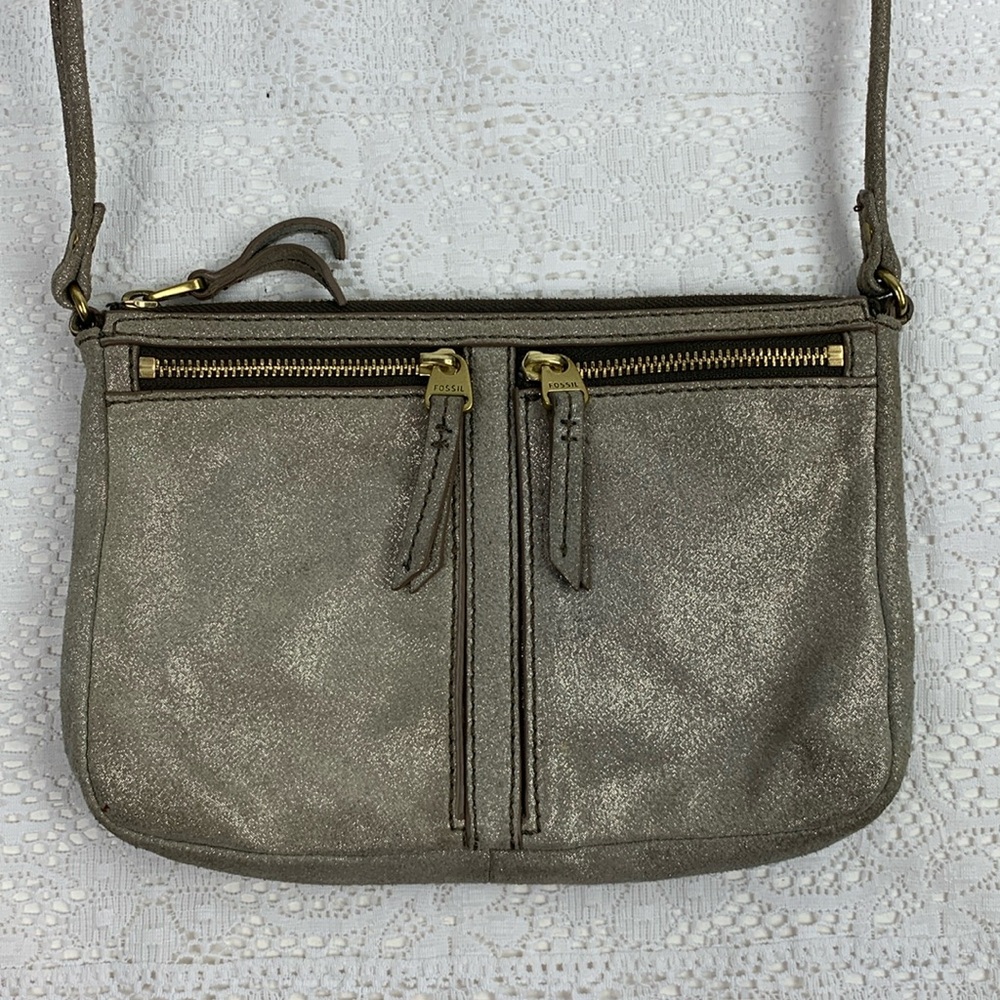 Fossil Leather Crossbody shoulder bag Tan sparkle shimmer with gold zippers